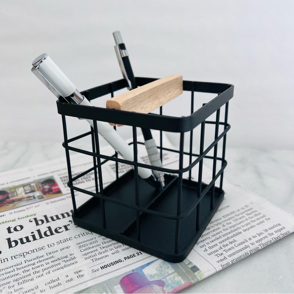 Black Iron & Wood Grid Pen Holder
